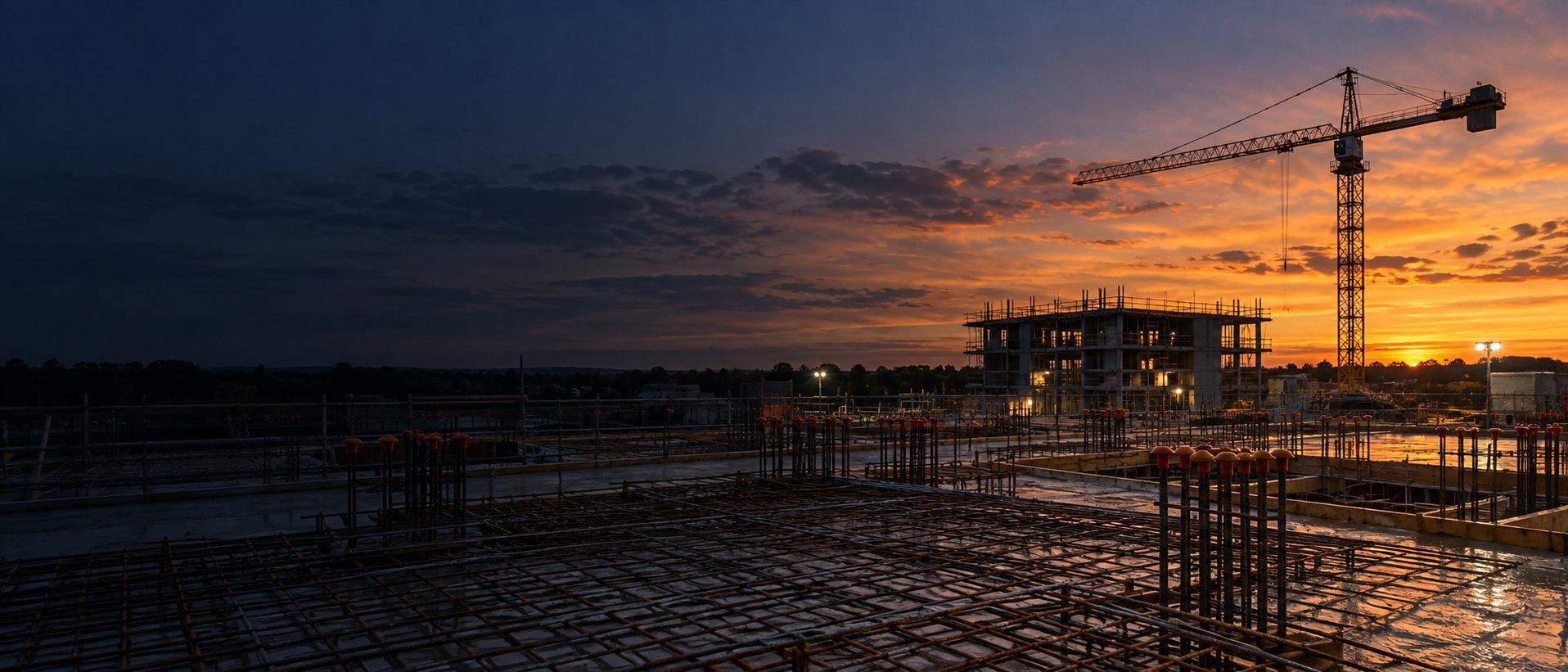 A construction site at sunset: a tower crane, a concrete frame and a rebar mat with capped starter bars