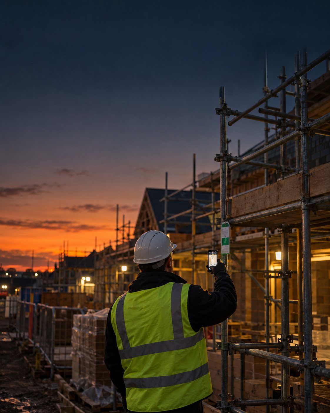 An inspector in a hard hat and hi-vis vest photographs a scaffold tag with his phone on a housing site at dusk