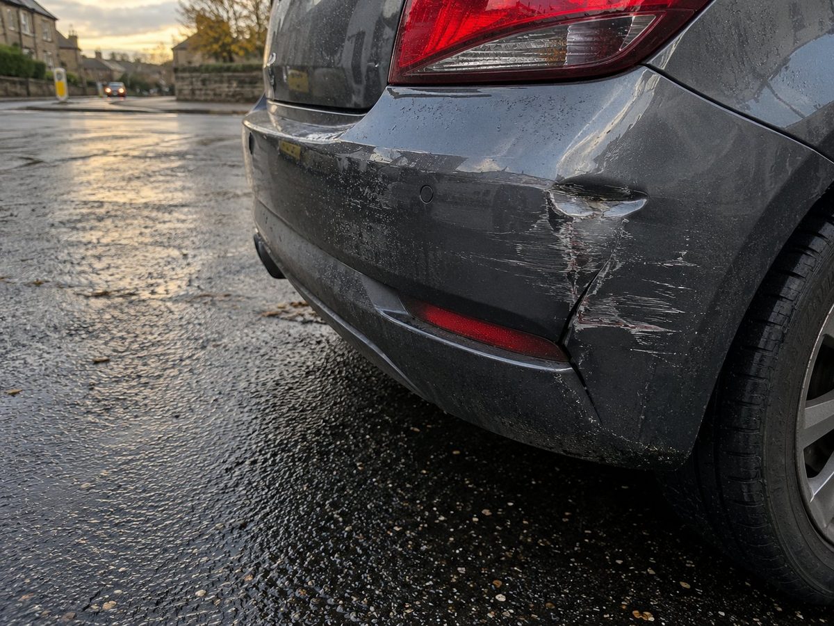 Close-up of a cracked and scraped rear bumper on a grey hatchback, on a wet street at sunset